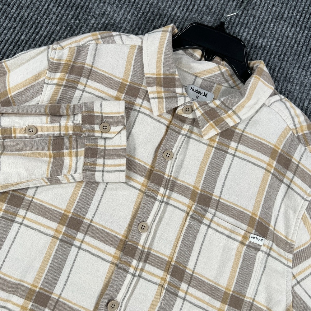 Hurley Shirt Mens Medium Beige Plaid Long Sleeve Button Up Flannel Casual New